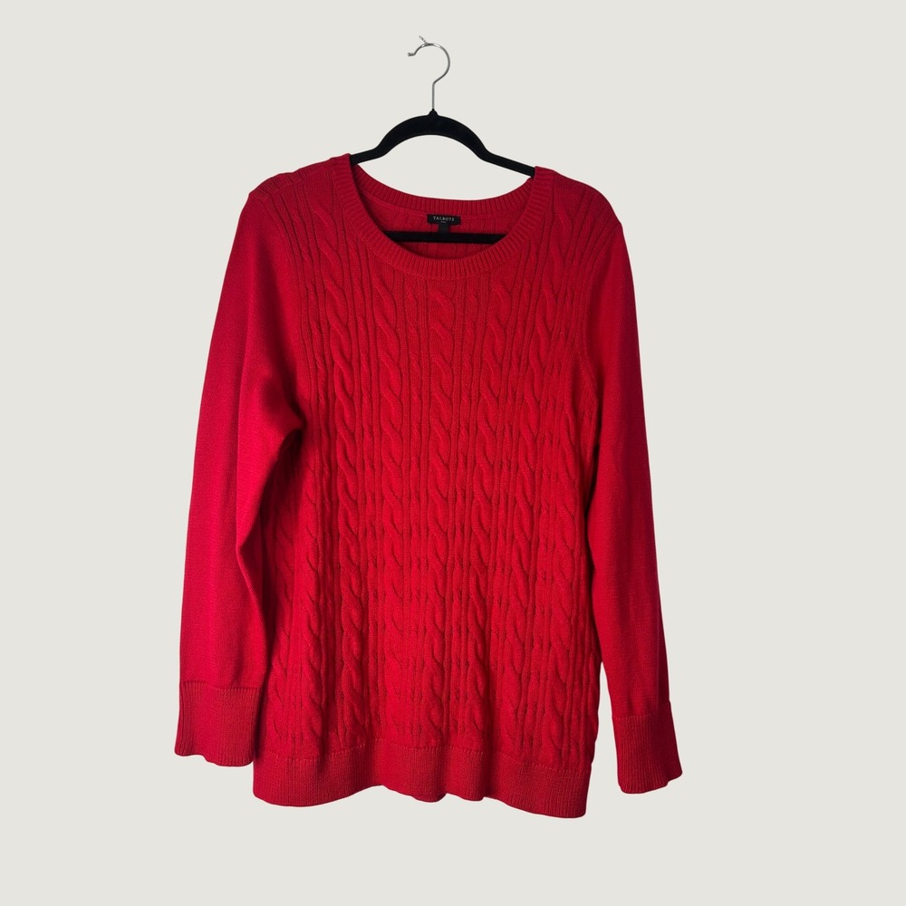 Talbots Cable Knit Sweater Women 1X Red Button Cuff Crew Neck Preppy Academic